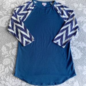 LuLaRoe Blue White Chevron Raglan Randy Tee